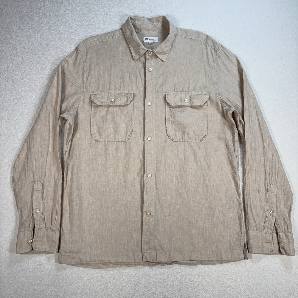Gap Linen-Cotton Shirt Men's M Wicker Beige Standard Fit Flap Pocket Button Up‎